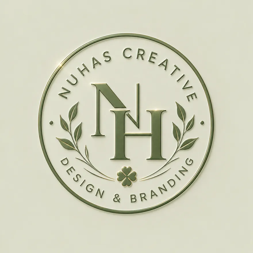NuHas Creative logosu: defne çelenkli NH madalyonu